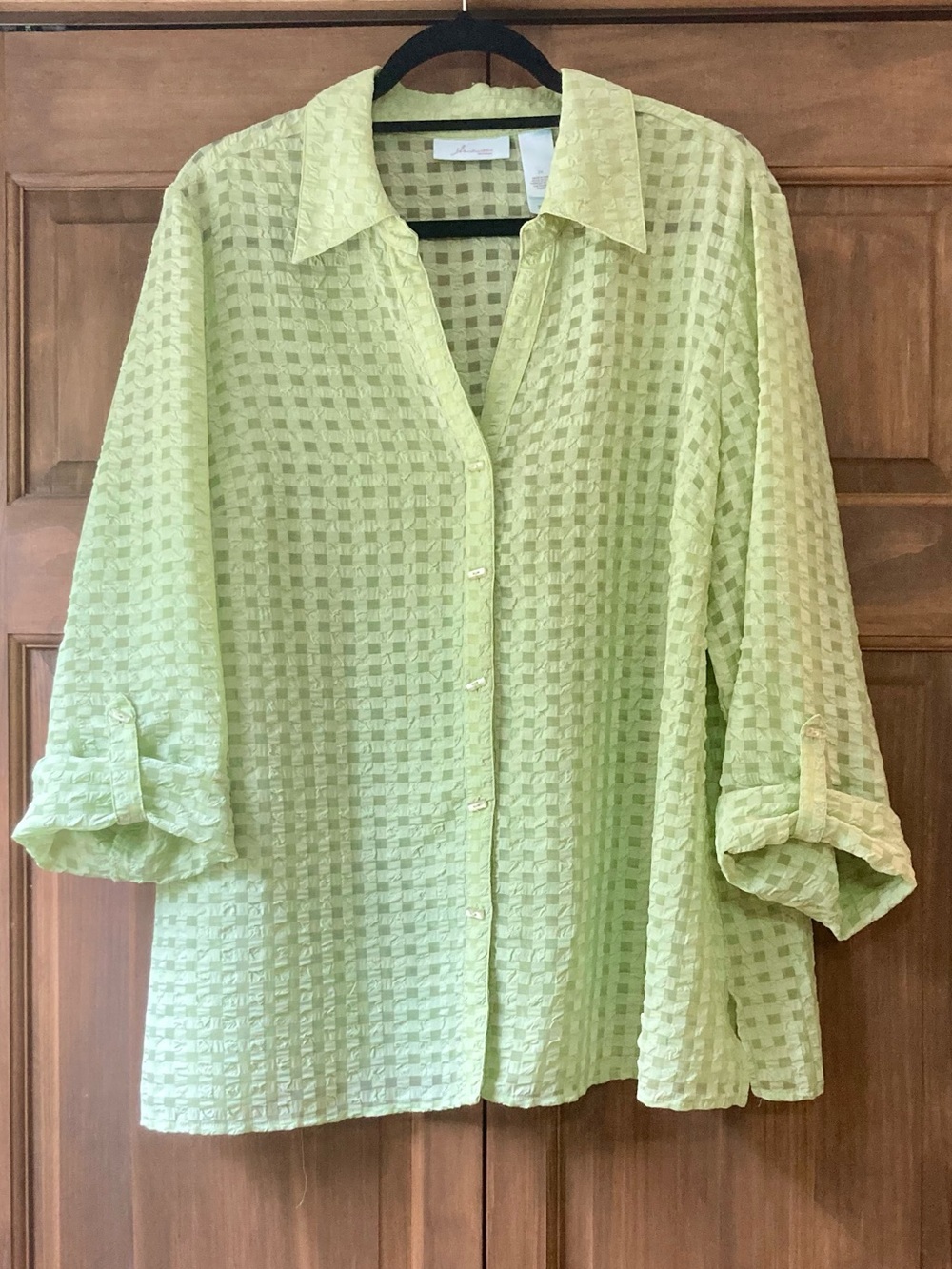 JH Collectibles Chartreuse Green Sheer & Semi Sheer Checkered Roll-Sleeve Top 2X